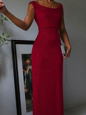 90s Red Glitter Maxi Dress Size Medium Open Back Slit